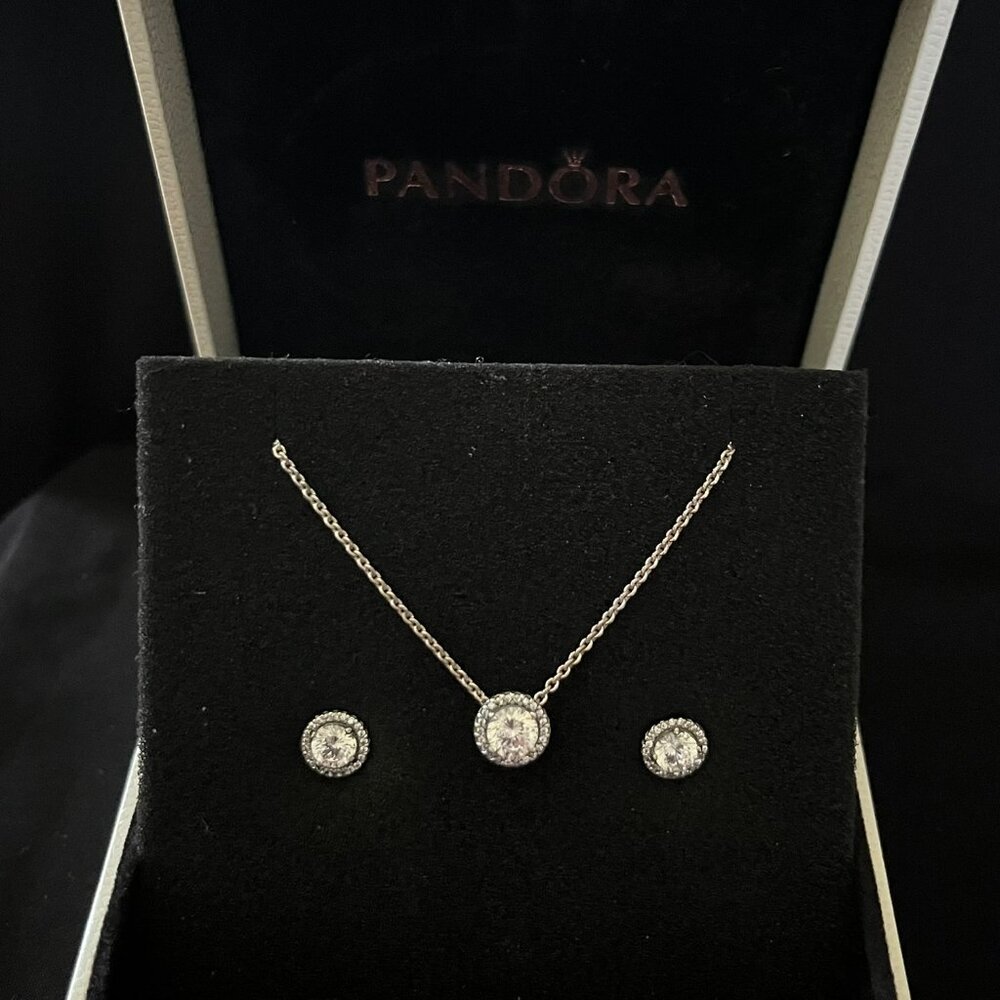 Genuine Pandora Classic Round Sparkle Sterling Silver Necklace & Earring Set - Picture 2 of 11